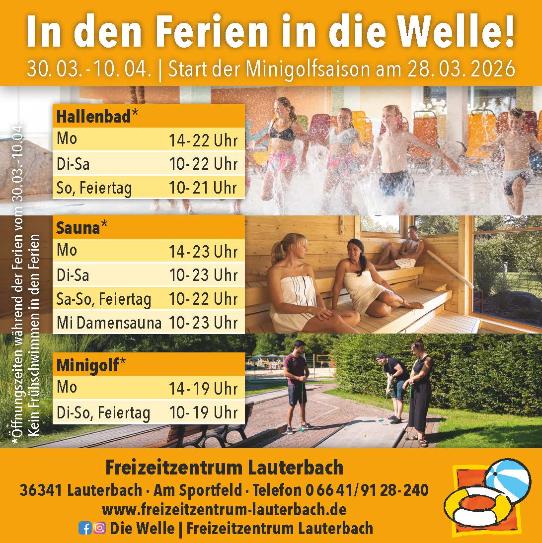 Öffnungszeiten vom Freizeitzentrum mit Hallenbad, Sauna und Minigolf