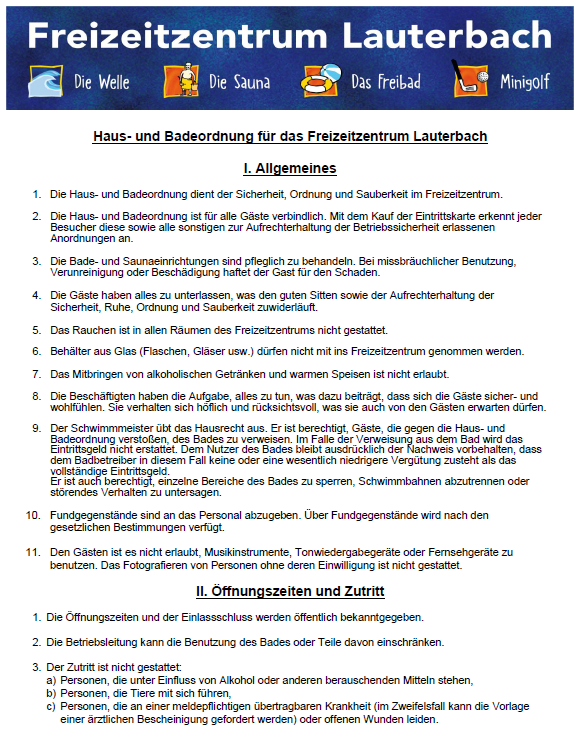 Titelbild der Haus- und Badeordnung vom Freizeitzentrum